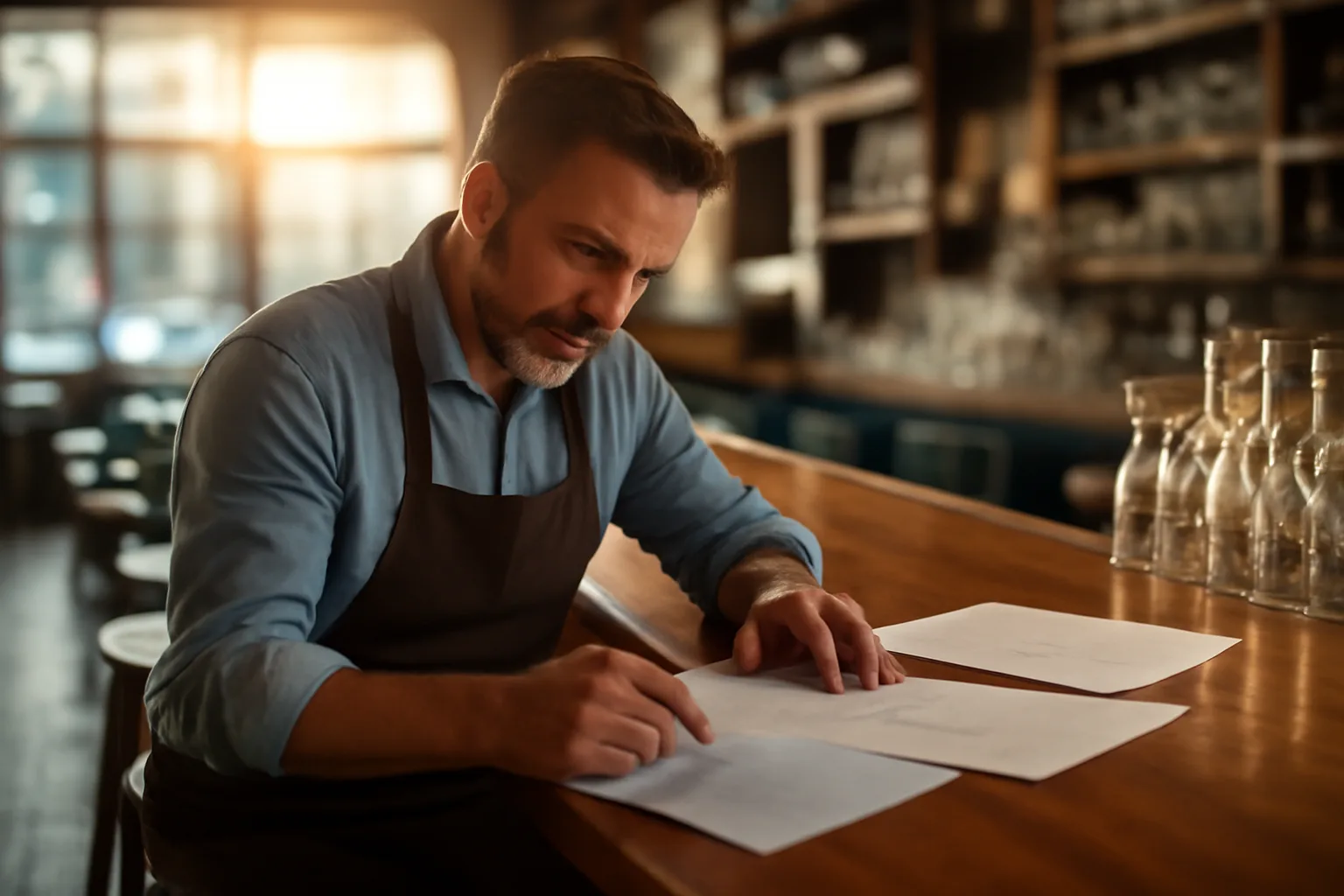 Restaurant owner reviewing paperwork at a bar counter before opening