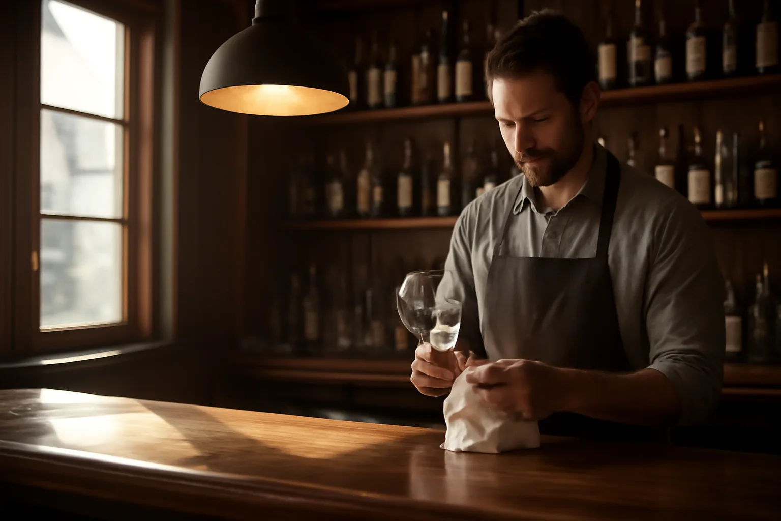 Bartender wiping glasses behind an empty bar counter in daylight
