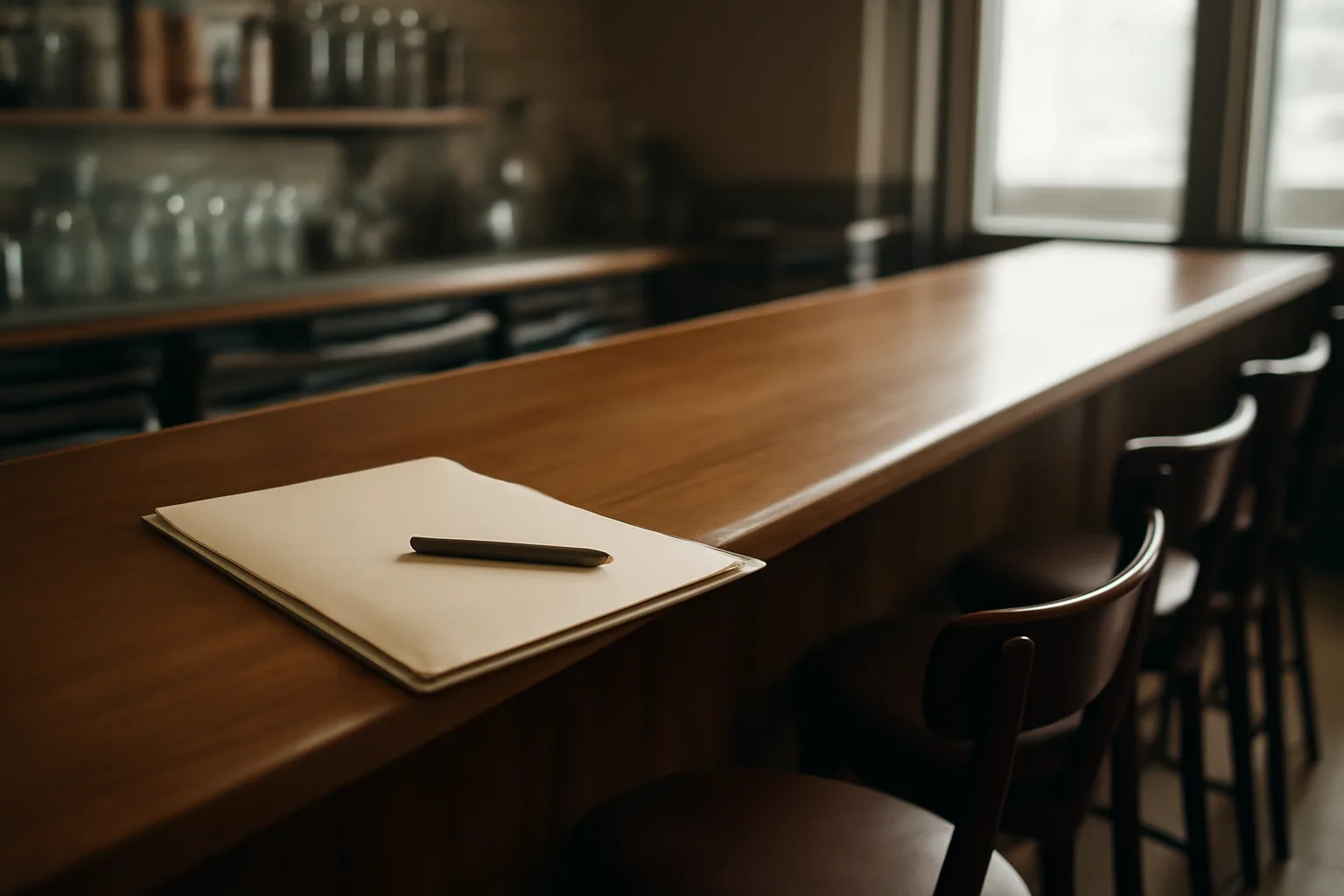Empty restaurant bar counter with paperwork folder before a liquor license inspection