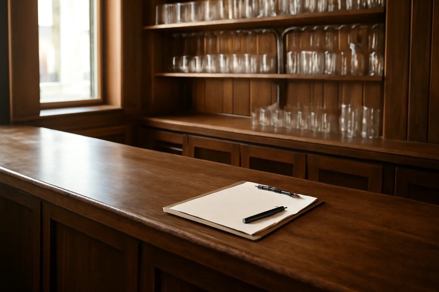 Empty bar counter with glassware and a clipboard before a liquor license inspection