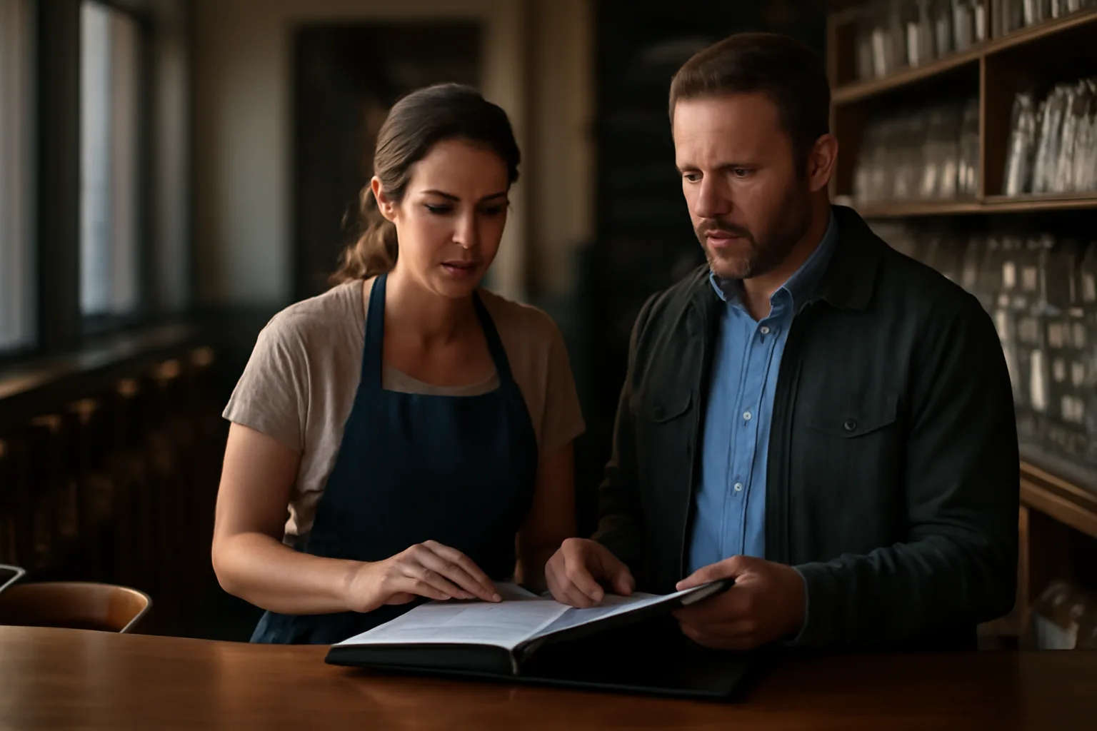 Restaurant owner and inspector reviewing alcohol license paperwork at an empty bar