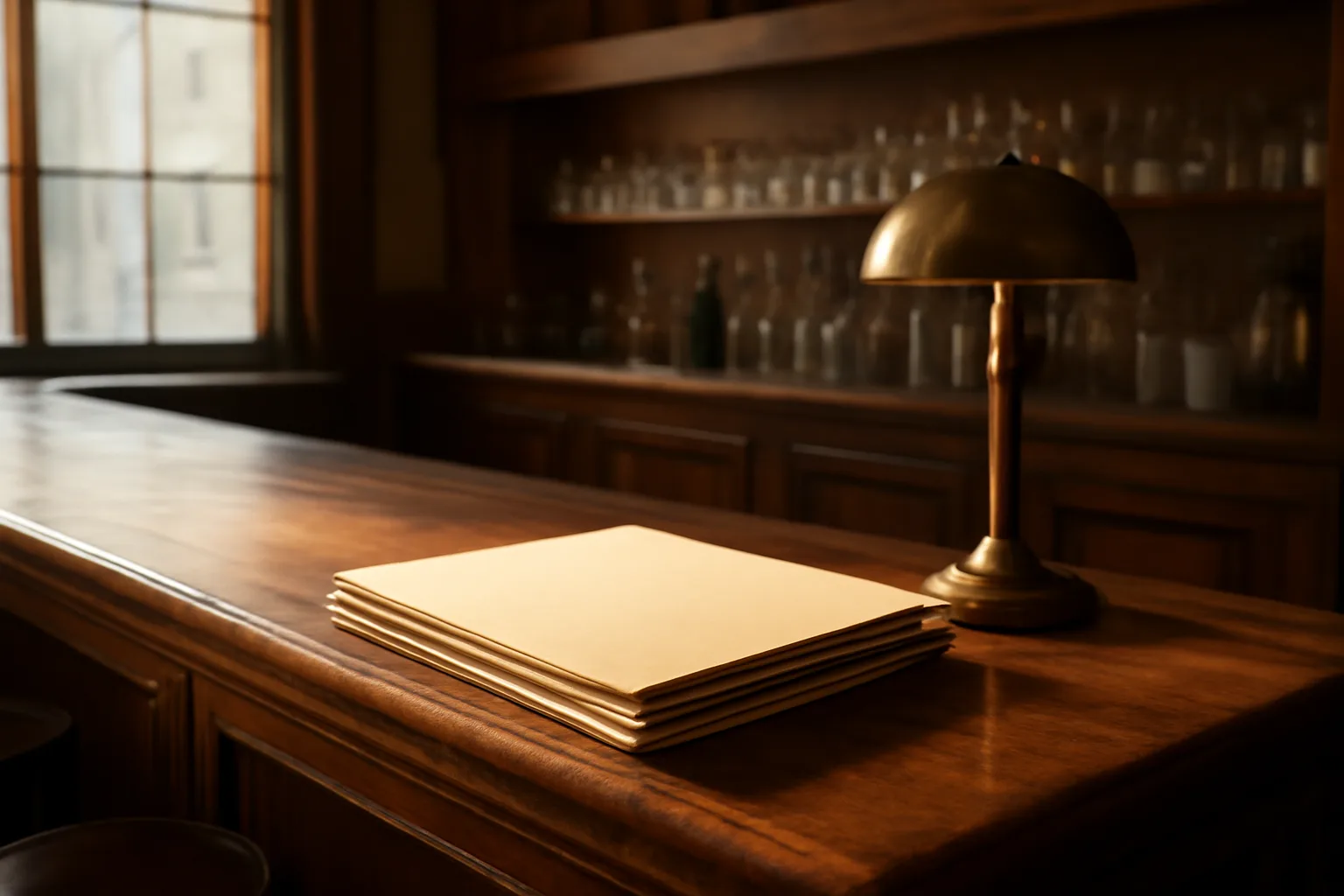 Empty bar counter with paperwork folders during a quiet daytime licensing wait