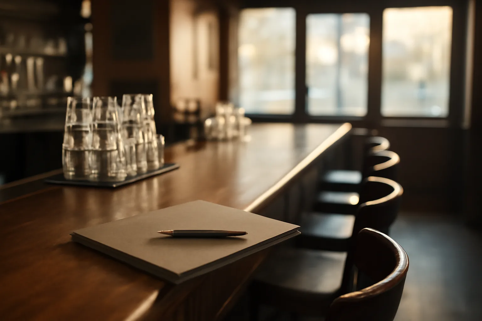 Empty restaurant bar counter at dawn during liquor license application planning