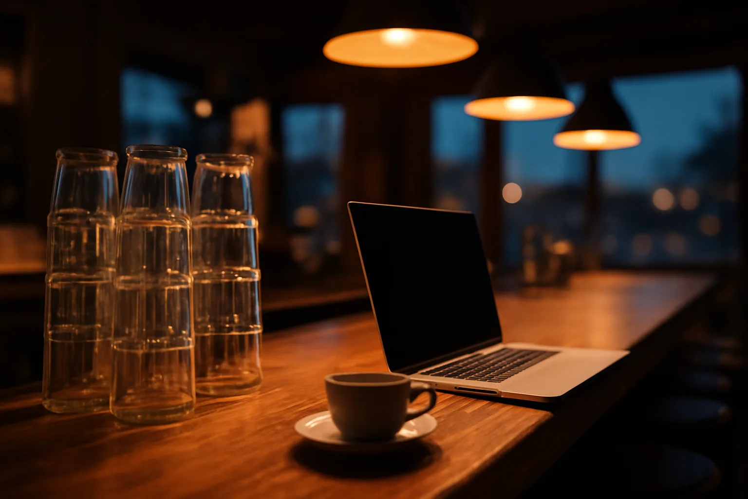 Empty bar counter at dusk representing the liquor license application process
