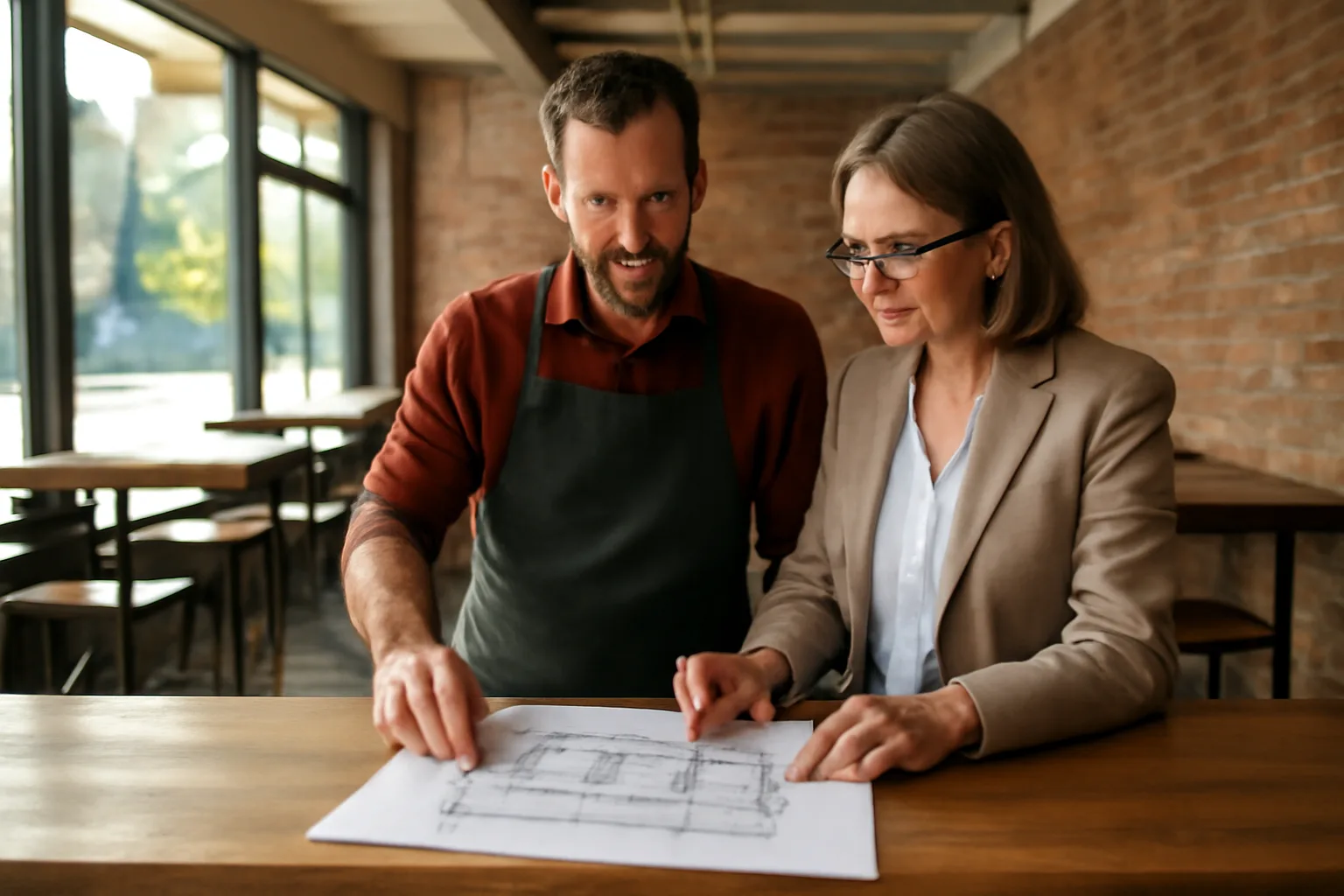 Restaurant owner reviewing floor plan paperwork with clerk before opening day