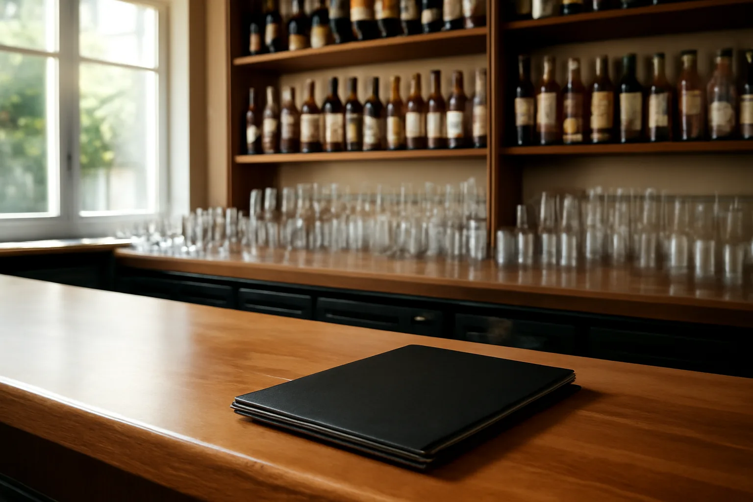 Empty restaurant bar counter with glassware, representing the alcohol selling license process