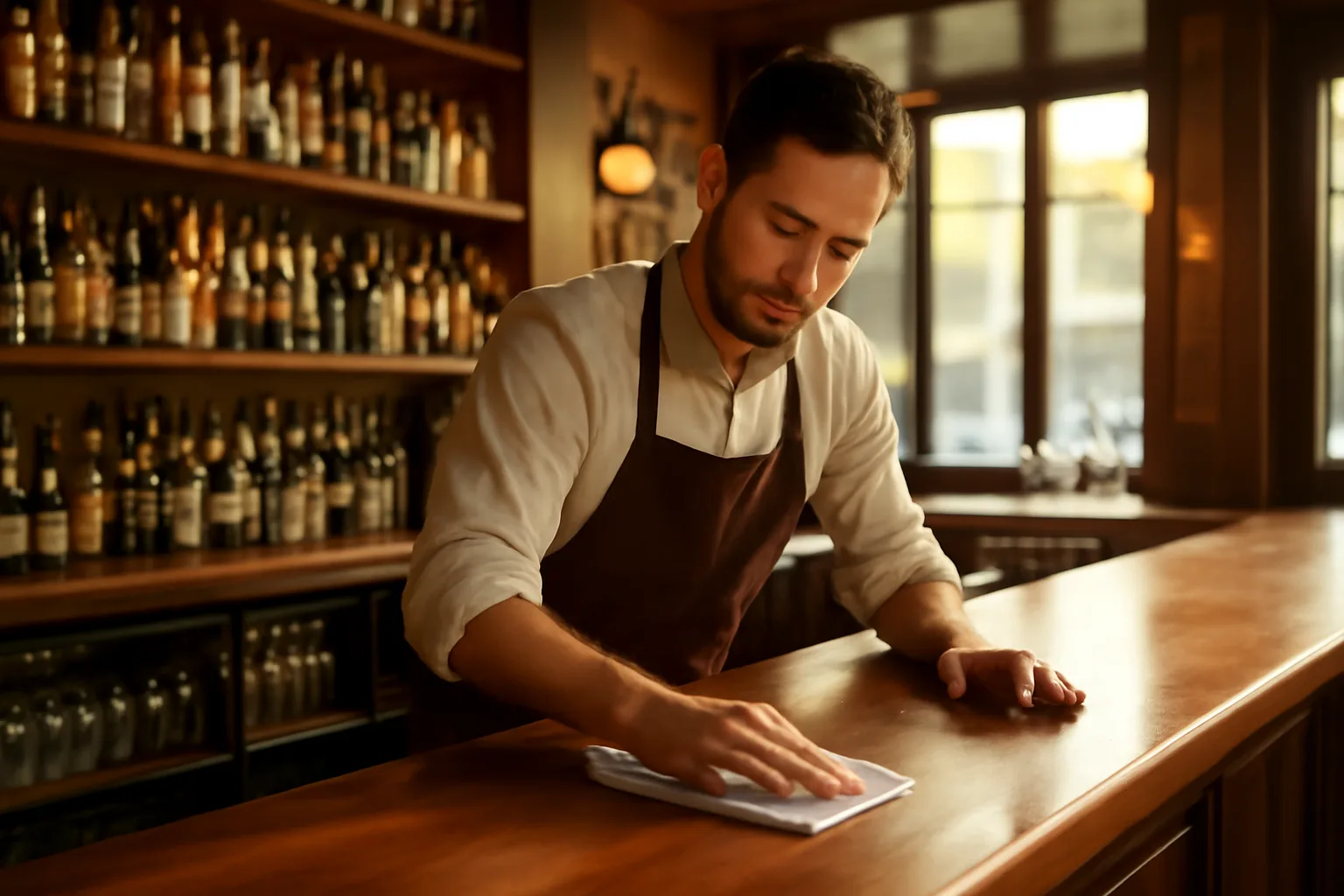 Bartender preparing a bar counter before opening, illustrating alcohol service permit context