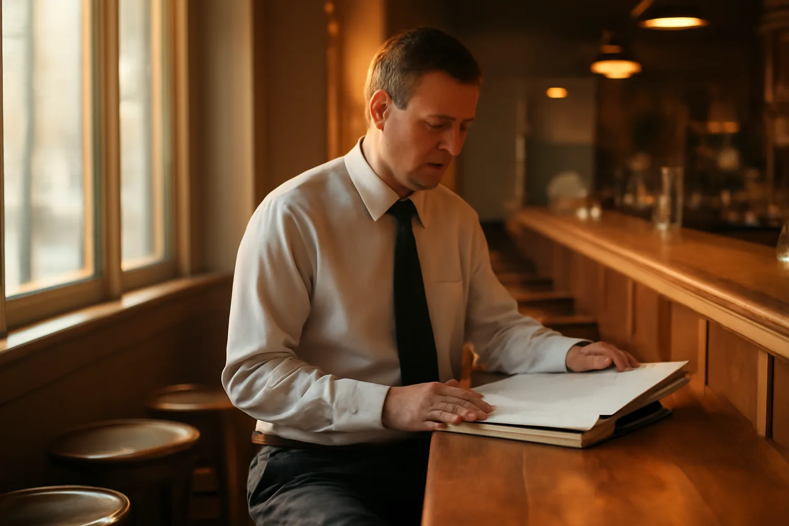 Restaurant owner reviewing paperwork at bar counter before opening for liquor license process