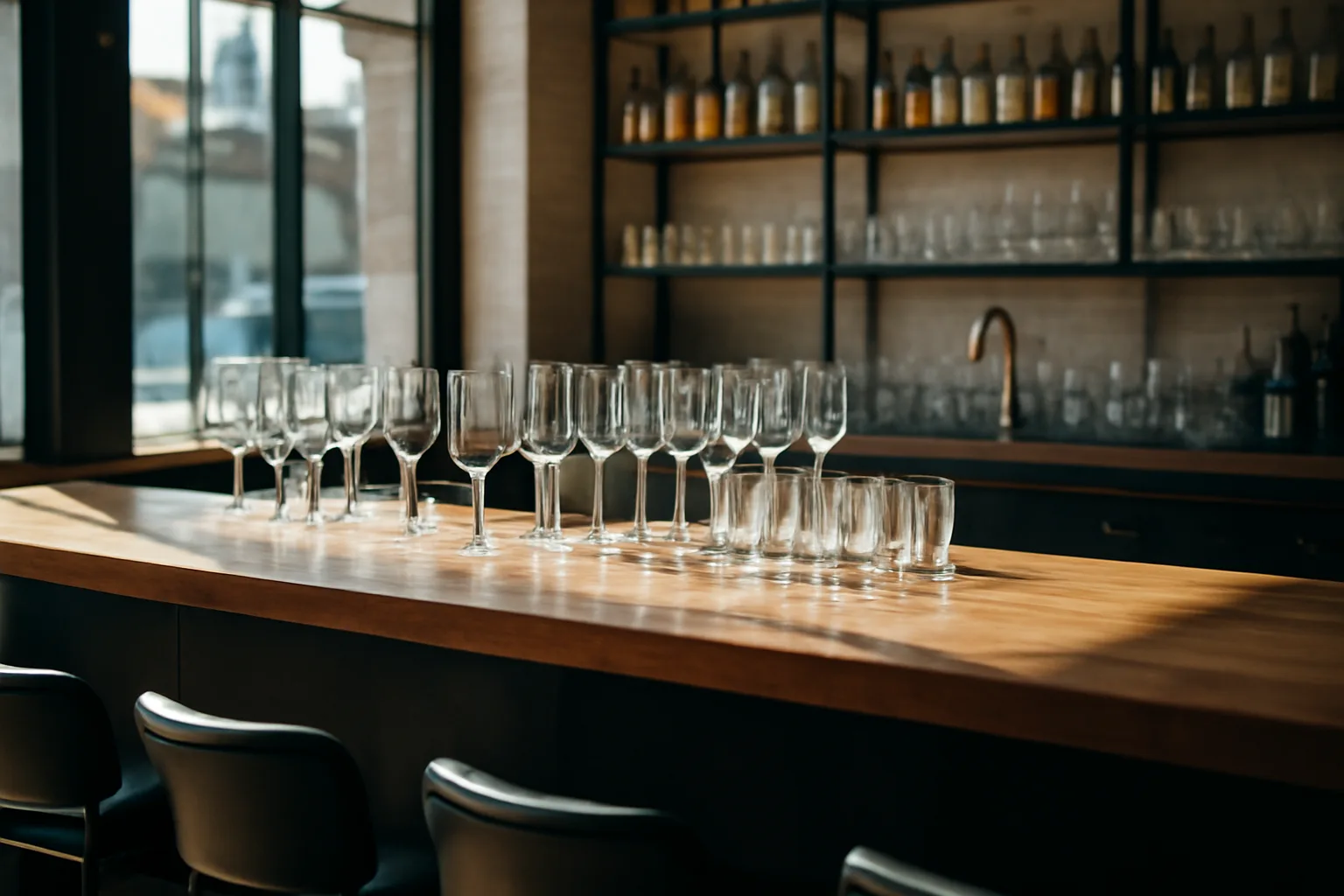 Empty restaurant bar counter with glassware in morning light before opening