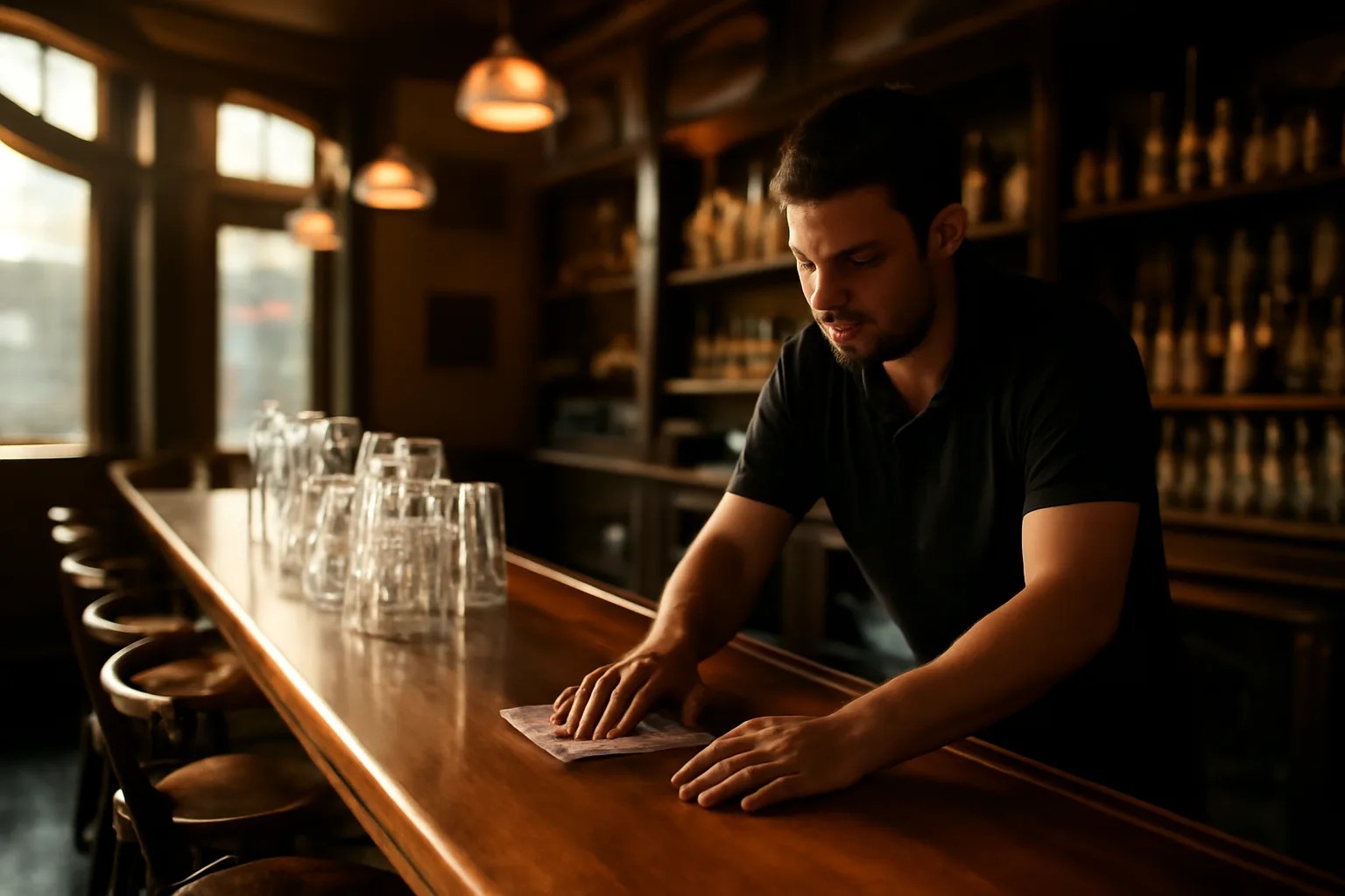 Bartender wiping down an empty bar counter in warm afternoon light before opening