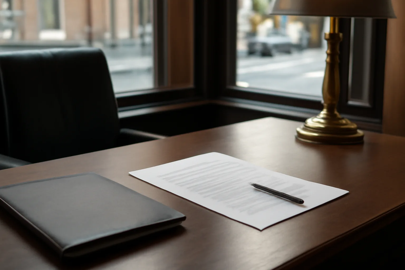 Attorney's desk with paperwork folder near a bar's front window in daylight