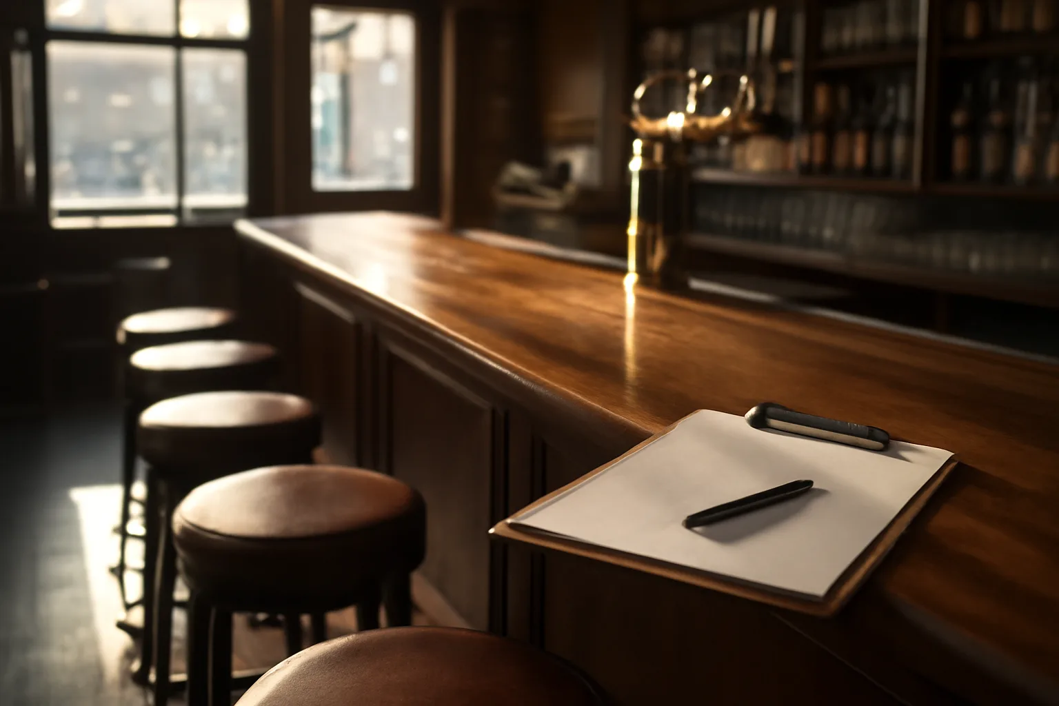 Empty bar interior in morning light during a pre-opening liquor license check