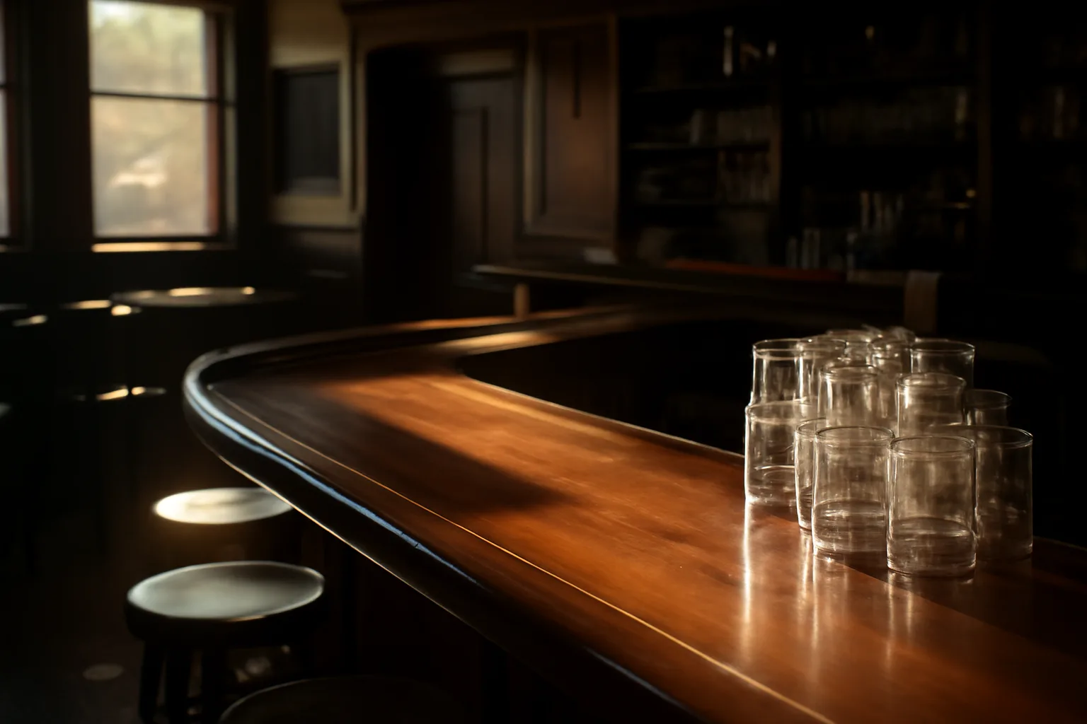 Empty bar counter lit by afternoon sun before a licensed opening