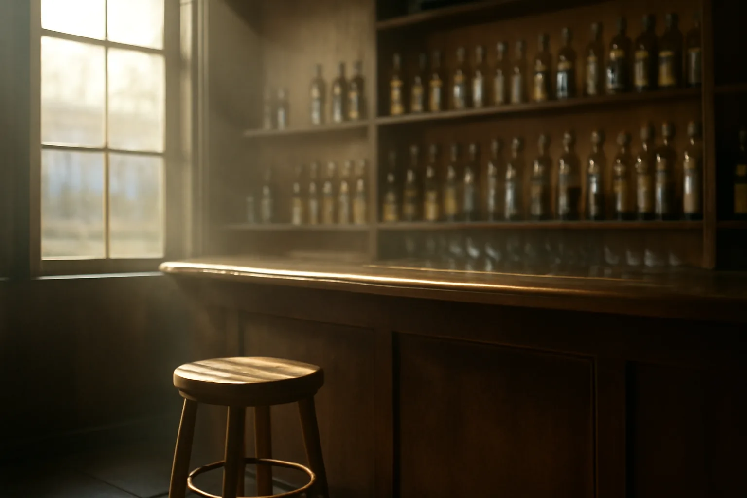 Empty bar interior with sunlight across wooden counter before opening