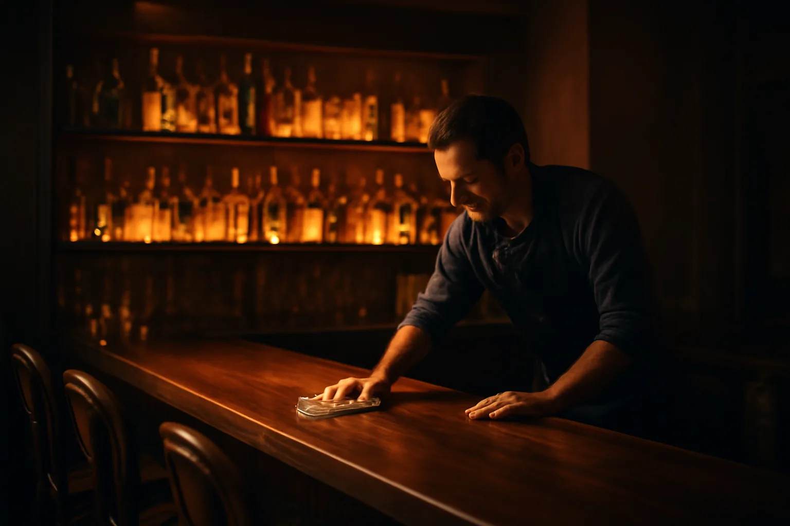 Bartender closing up a bar program at a restaurant during evening hours