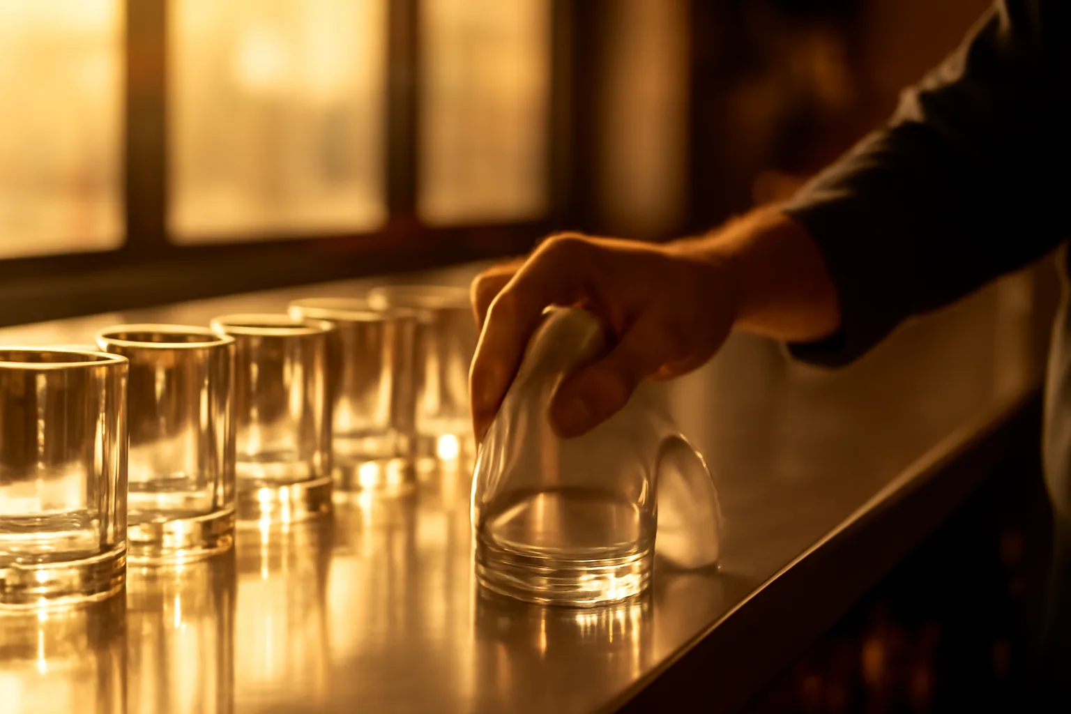 Bartender polishing a glass at an empty bar counter before opening