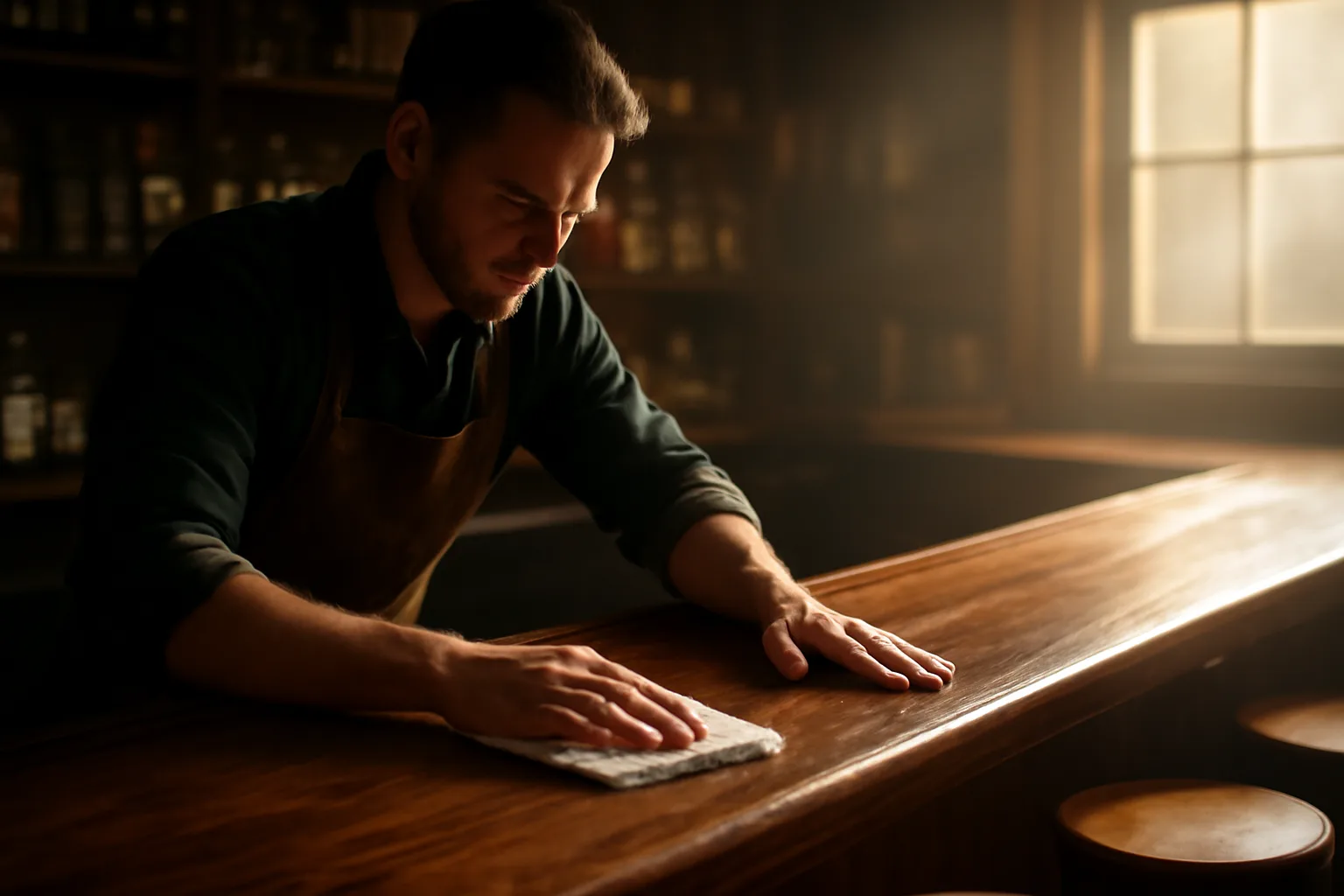 Bartender preparing an empty bar counter before opening, illustrating bar tending license planning