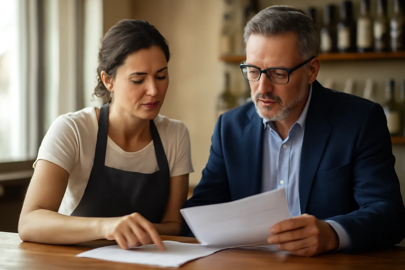 Restaurant owner and broker discussing a beer and wine license sale at a bar counter