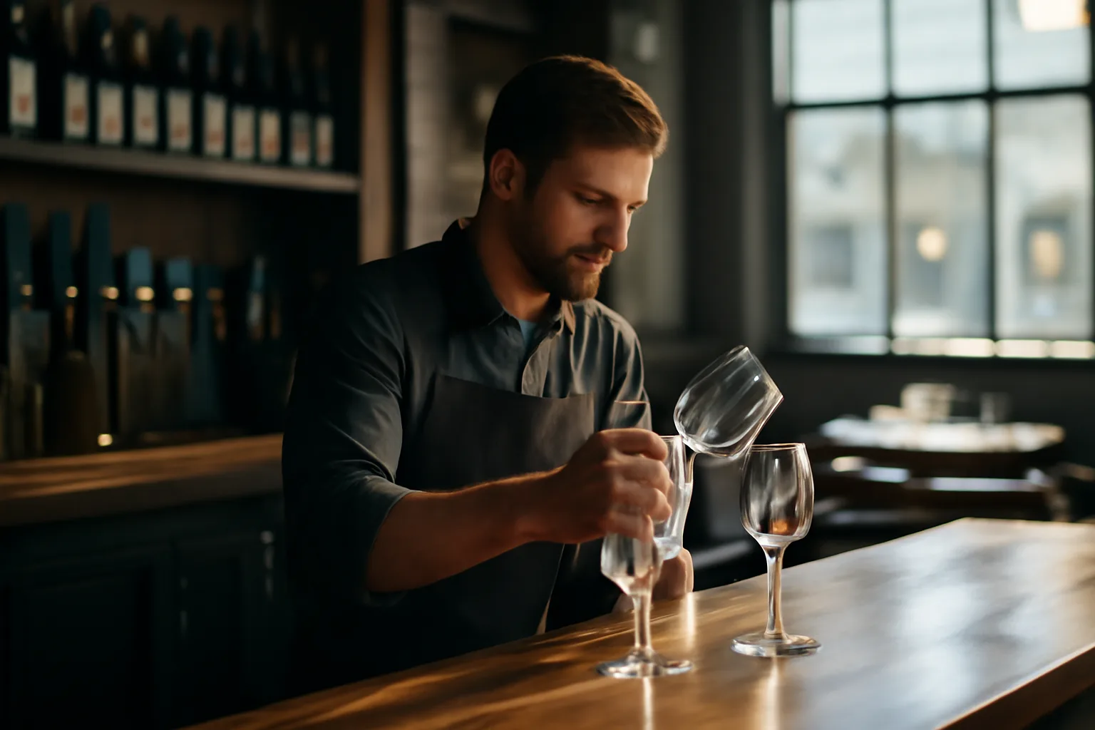 Bartender polishing wine glasses at a bar before opening, illustrating a beer and wine permit setup