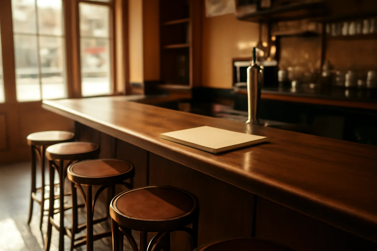 Empty restaurant bar with paperwork on the counter before a beer license inspection