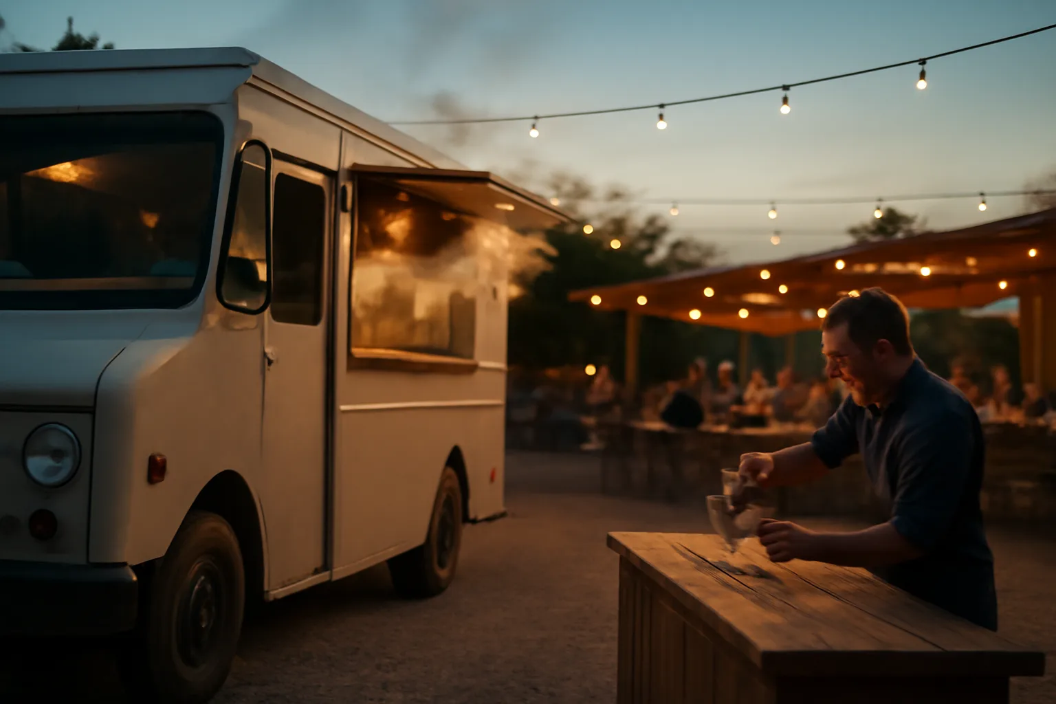 Food truck parked next to a licensed outdoor bar patio at dusk