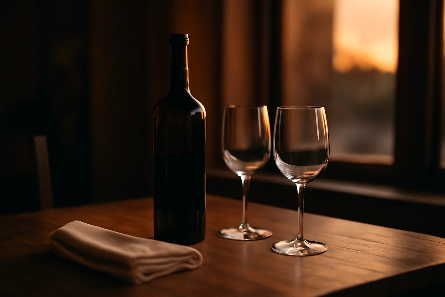 Restaurant table set with an unlabeled wine bottle and glasses at dusk