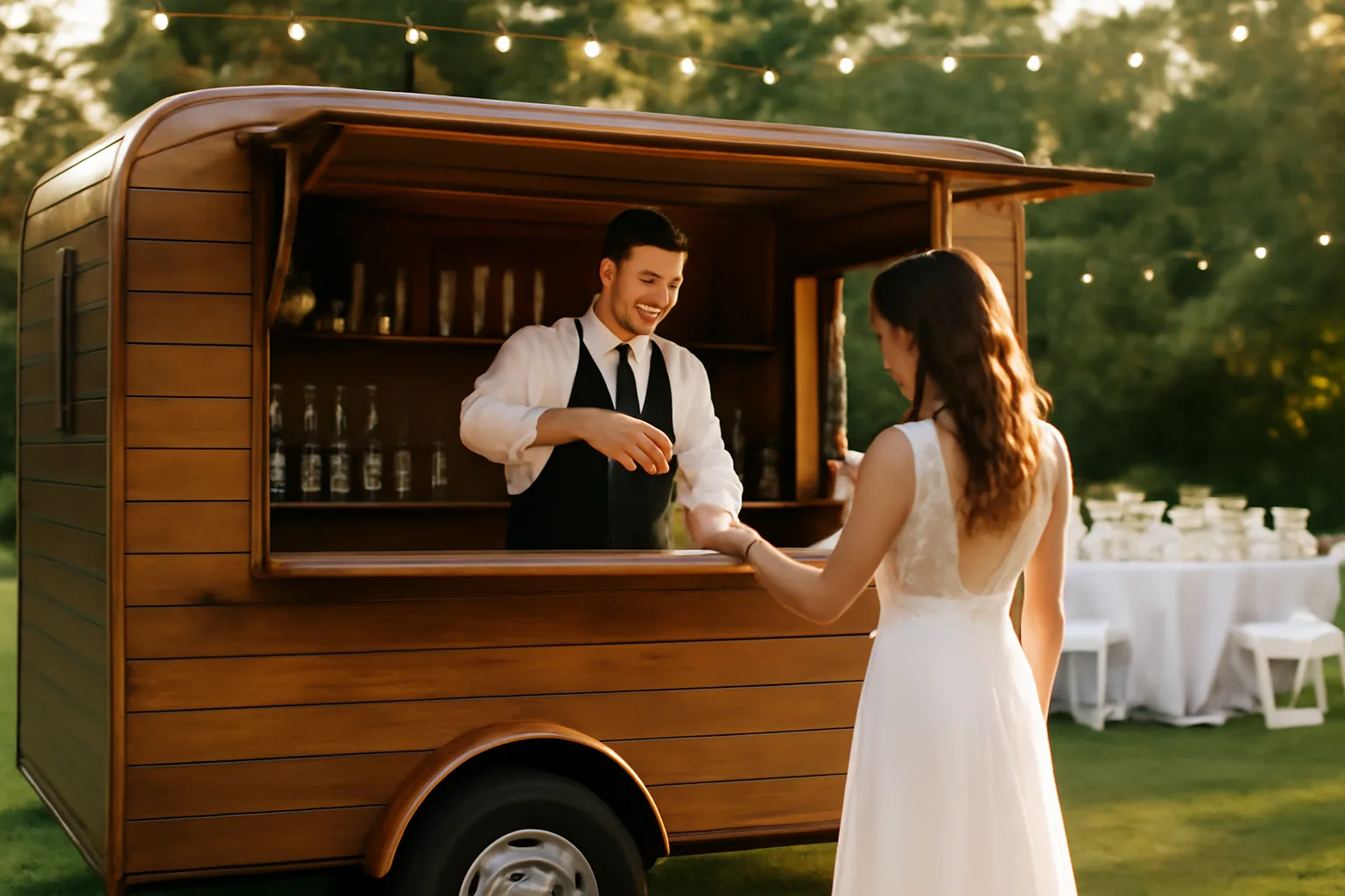 Bartender pouring a drink from a mobile bar trailer at an outdoor event