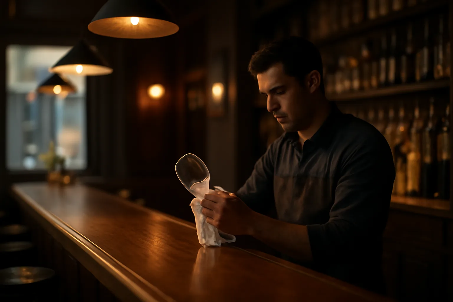 Bartender working behind a counter at a bar during early evening hours