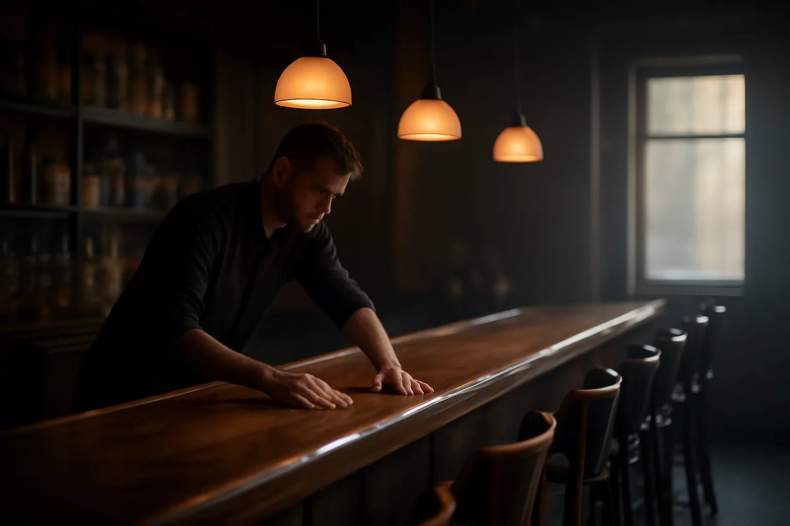 Bartender closing up a quiet bar, illustrating expired liquor license risk