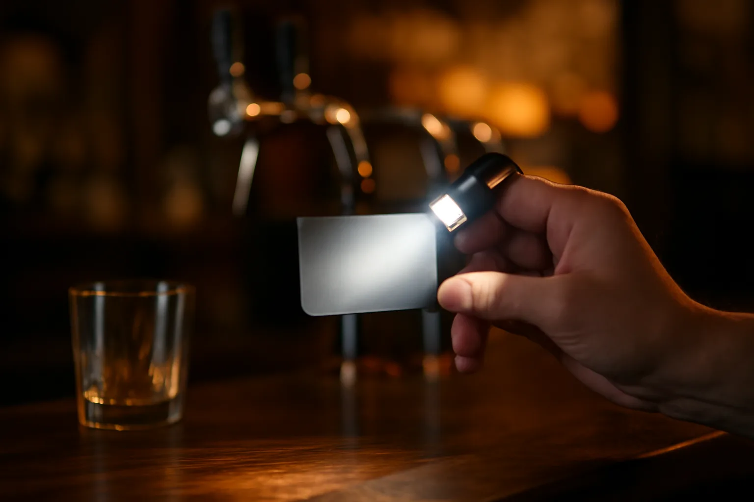 Bartender checking a customer's ID card under a flashlight at a bar counter