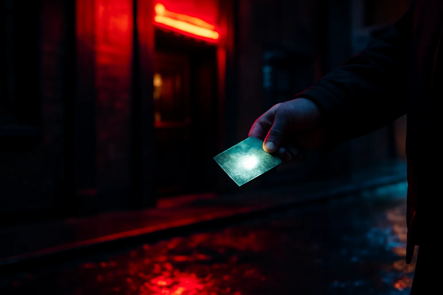 Bouncer checking a worn ID card by flashlight at a bar entrance at night