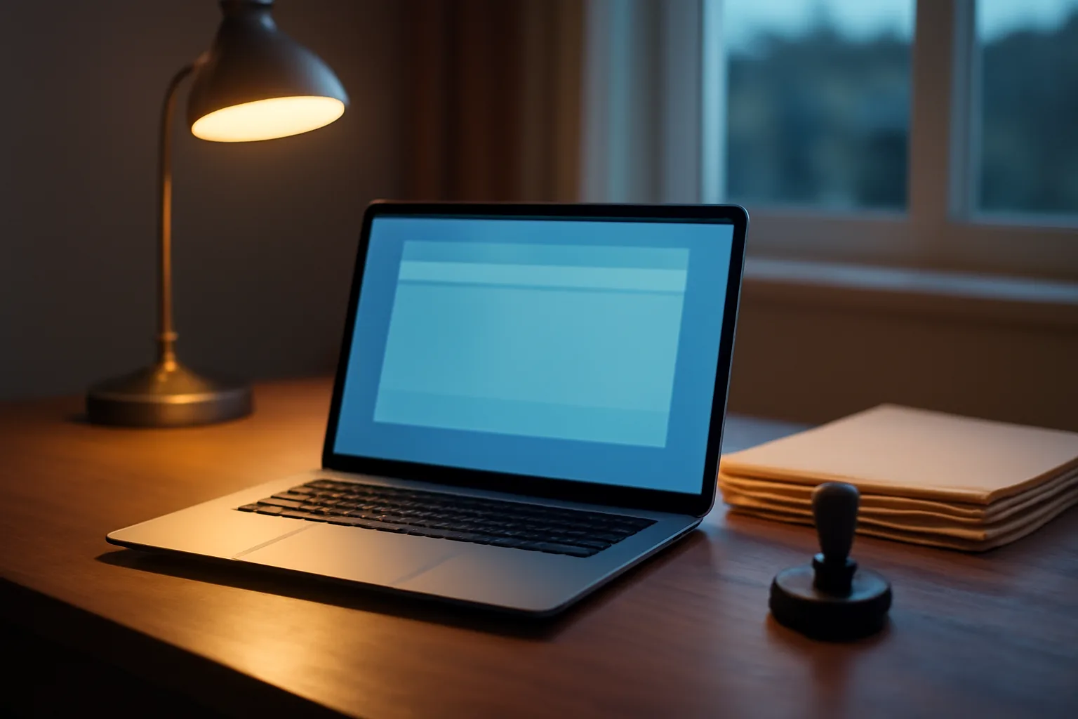 Desk with laptop and folders representing the ABC license online application process