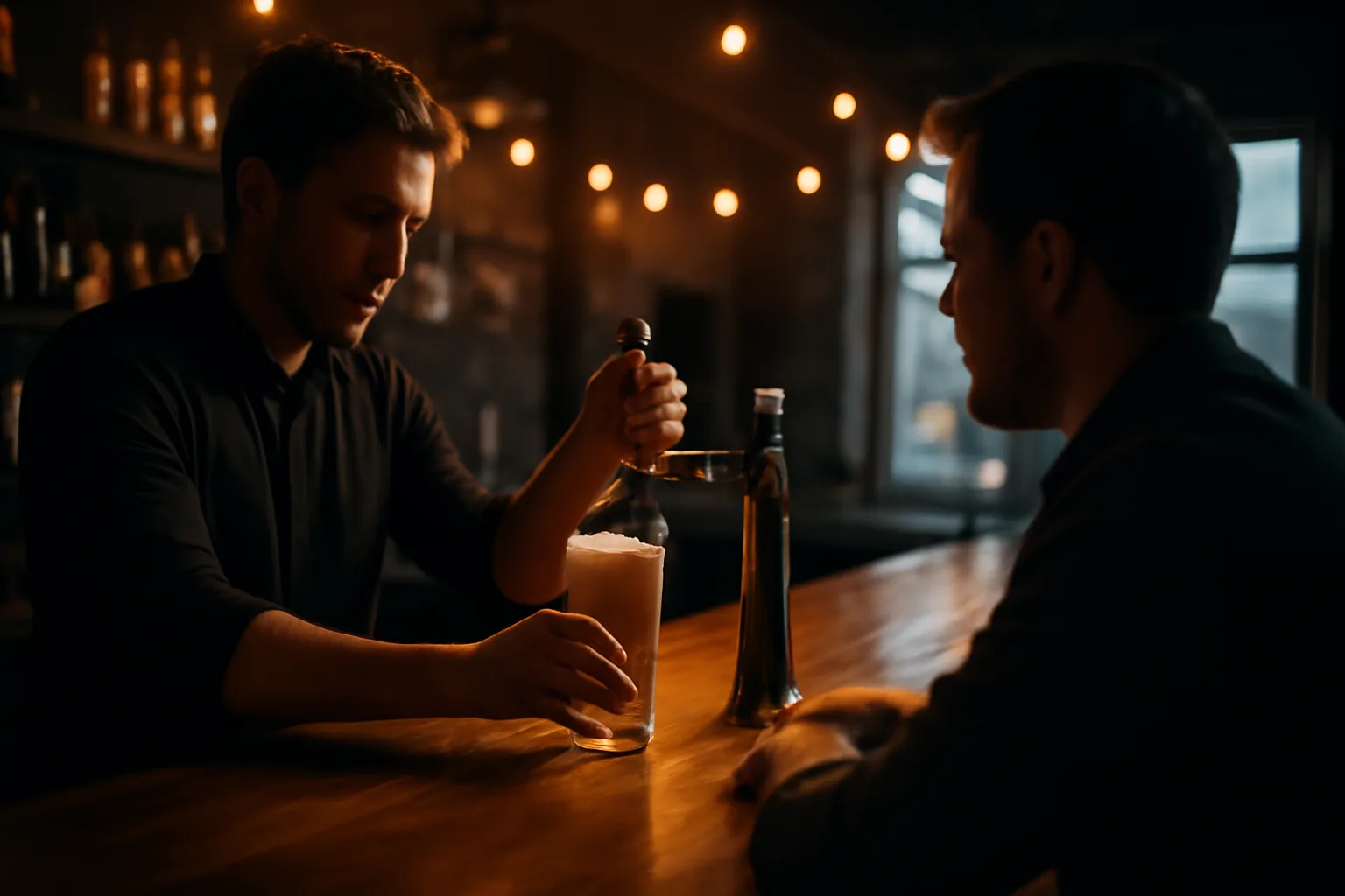 Bartender pouring a beer for a customer at a bar with a temporary license