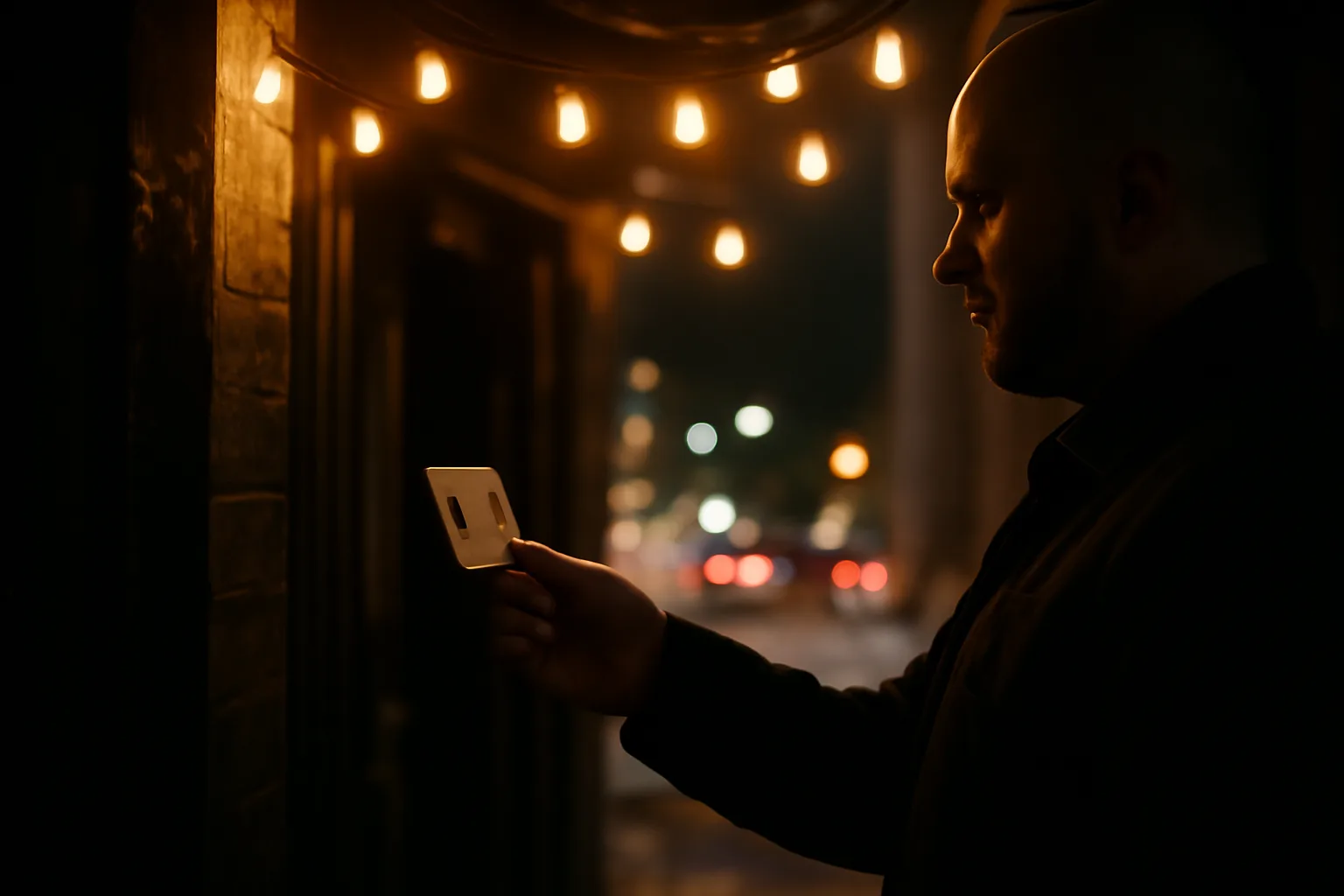 Bouncer checking an ID card under bar entrance lights at night