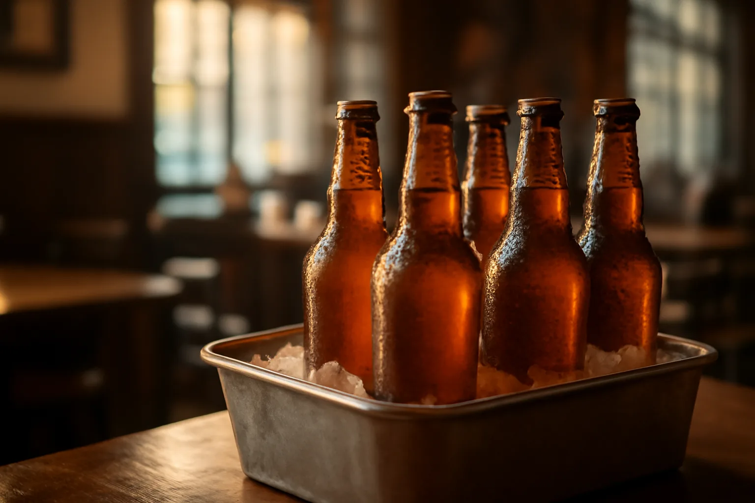 Bottles of beer chilling in a restaurant cooler near a bar counter