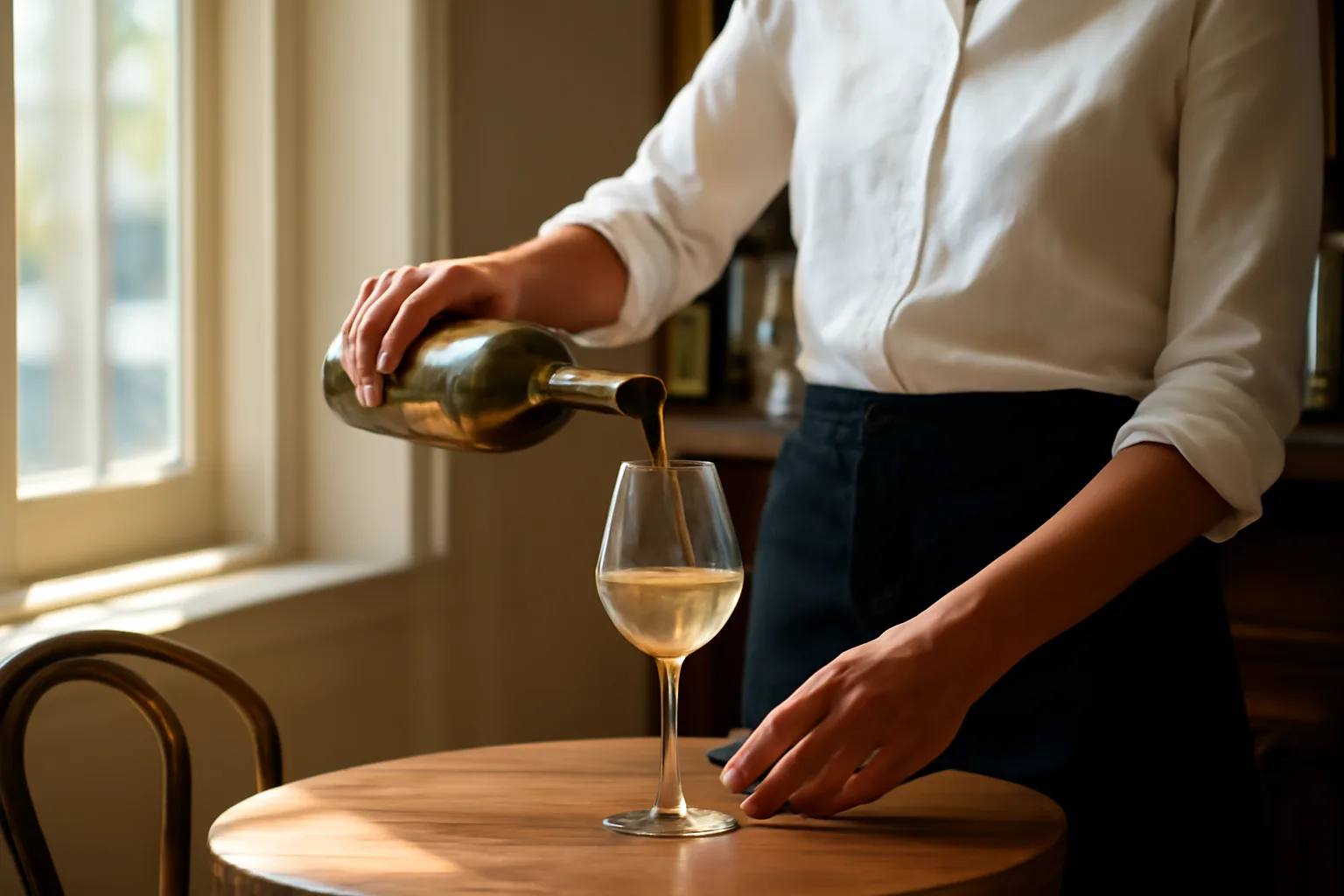 Server pouring wine at a restaurant table with a beer tap visible behind the bar