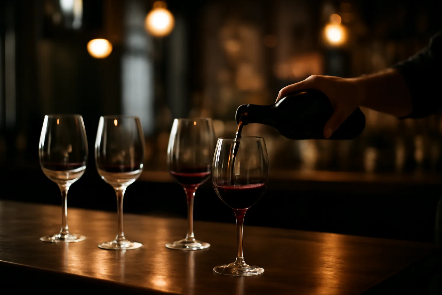 Bartender pouring wine into a glass at a quiet bar counter