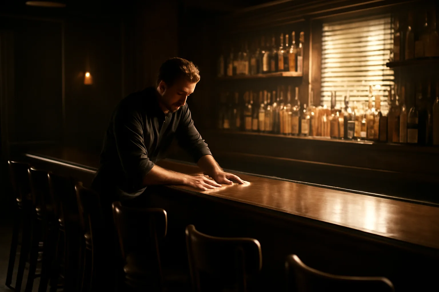 Empty bar interior with bartender wiping the counter before opening