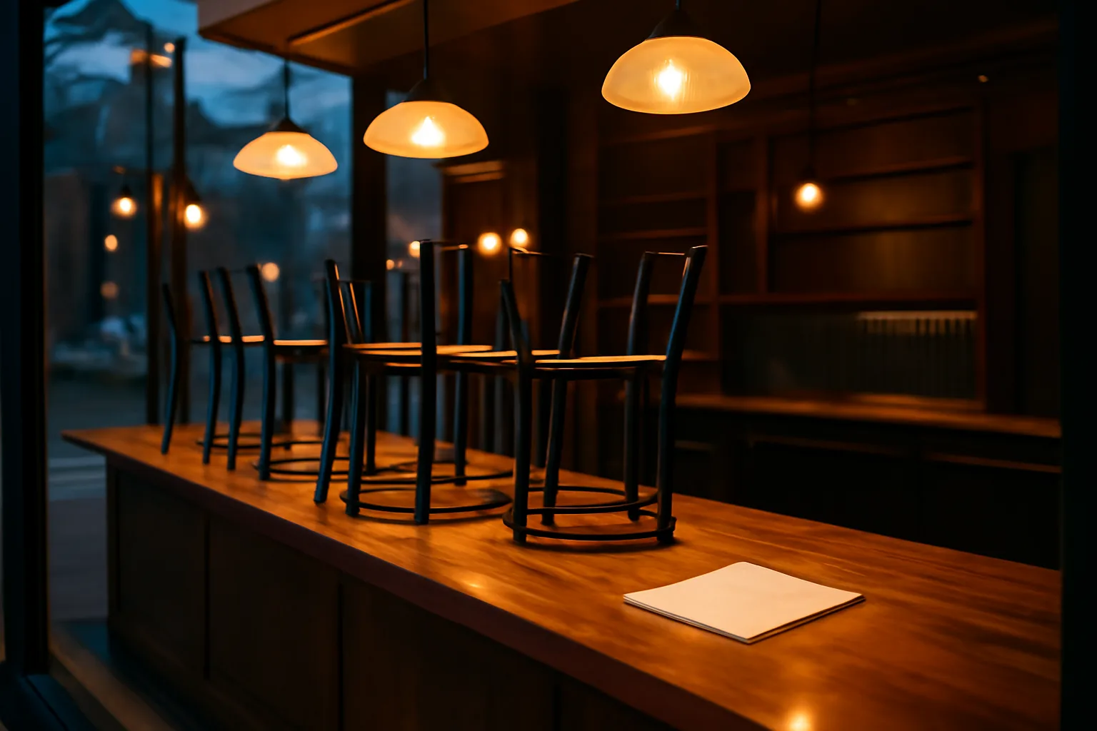 empty new bar interior at dusk while owner waits on liquor license approval