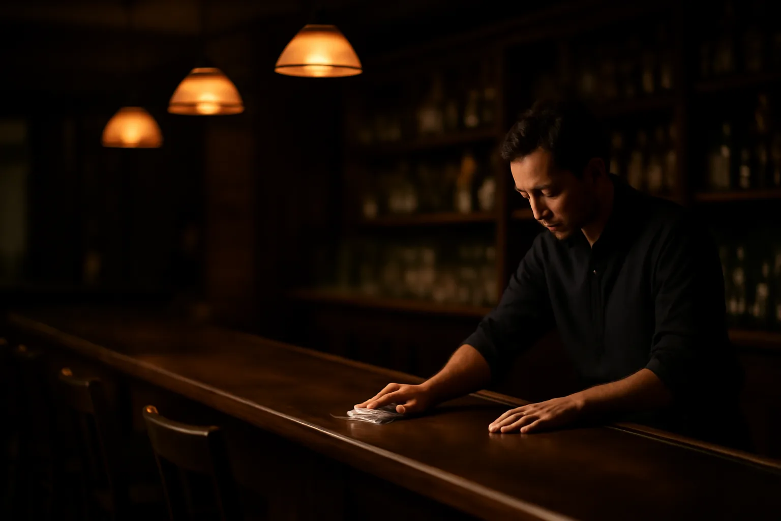 Bartender closing an empty bar at night after alcohol service has stopped