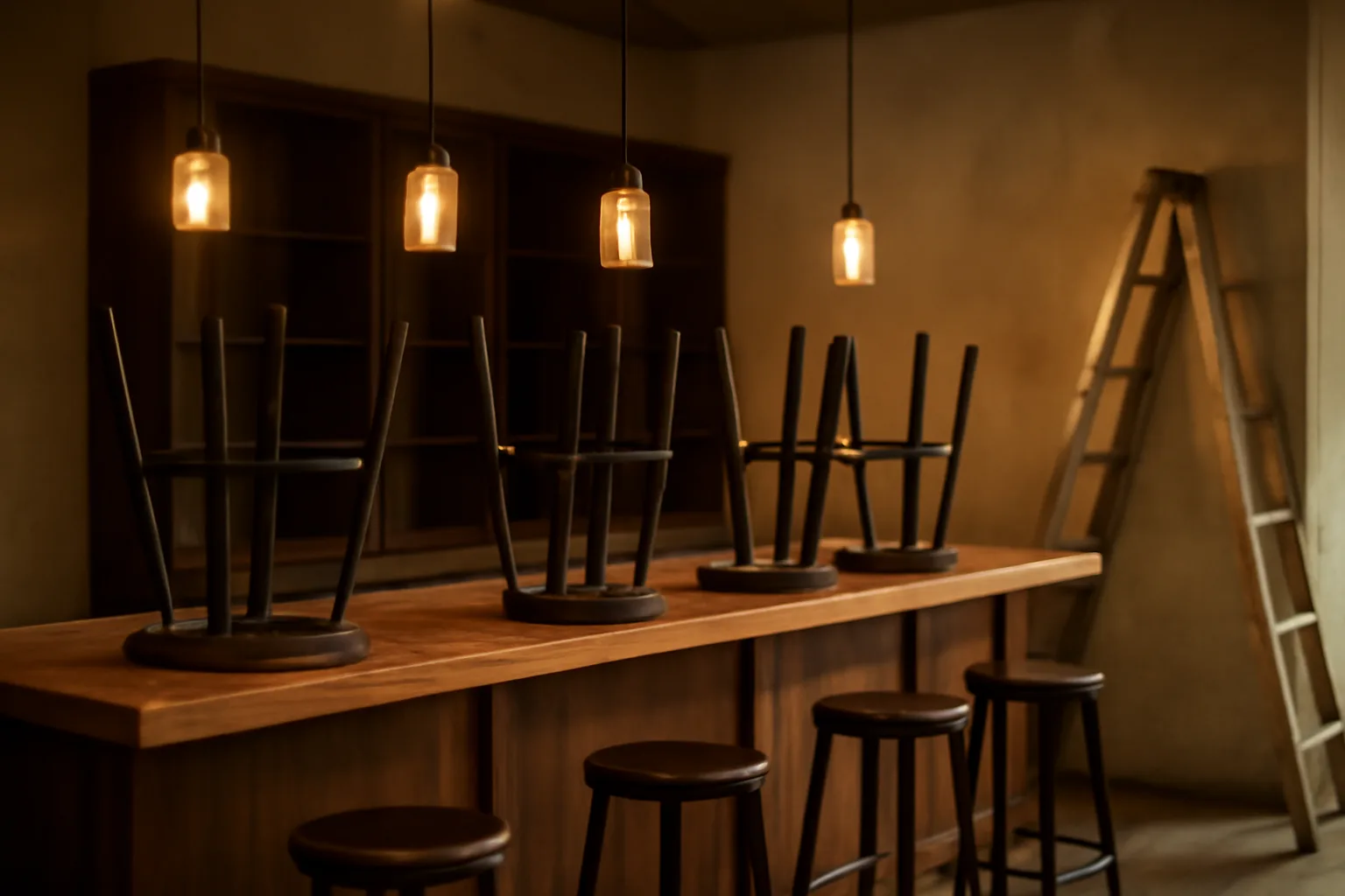 Unopened bar interior with stacked stools, showing a business waiting on its liquor license
