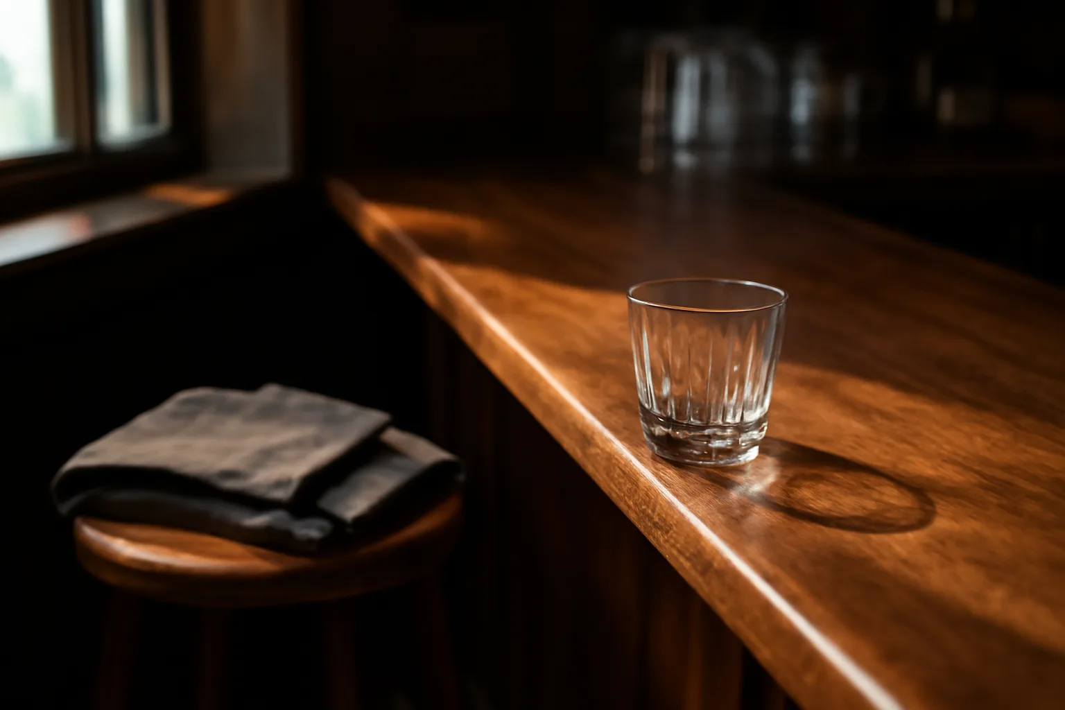Empty bar counter with sunlight, evoking liquor license and bartender permit topics