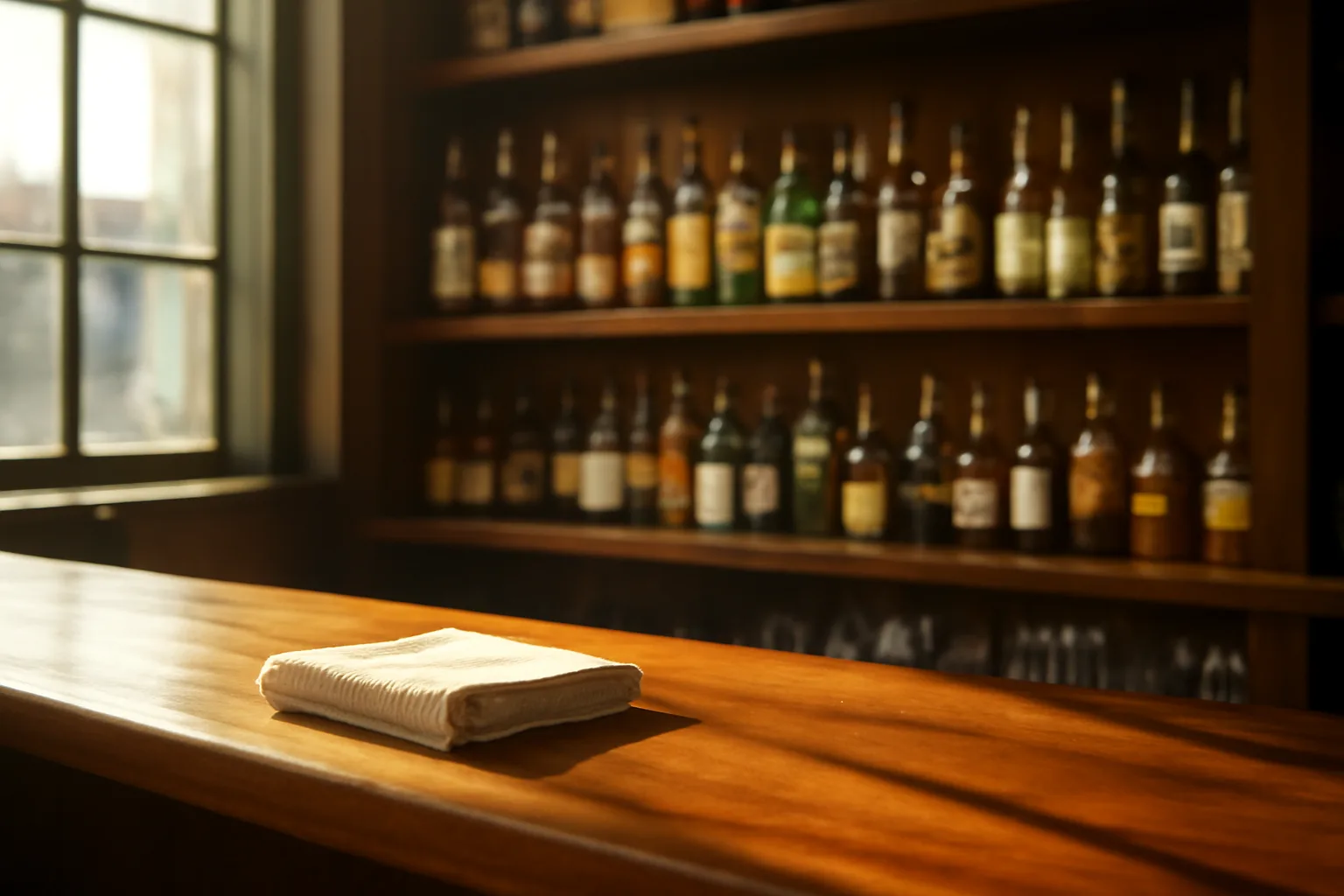 Sunlit restaurant bar with shelves of liquor bottles representing classes of liquor licenses