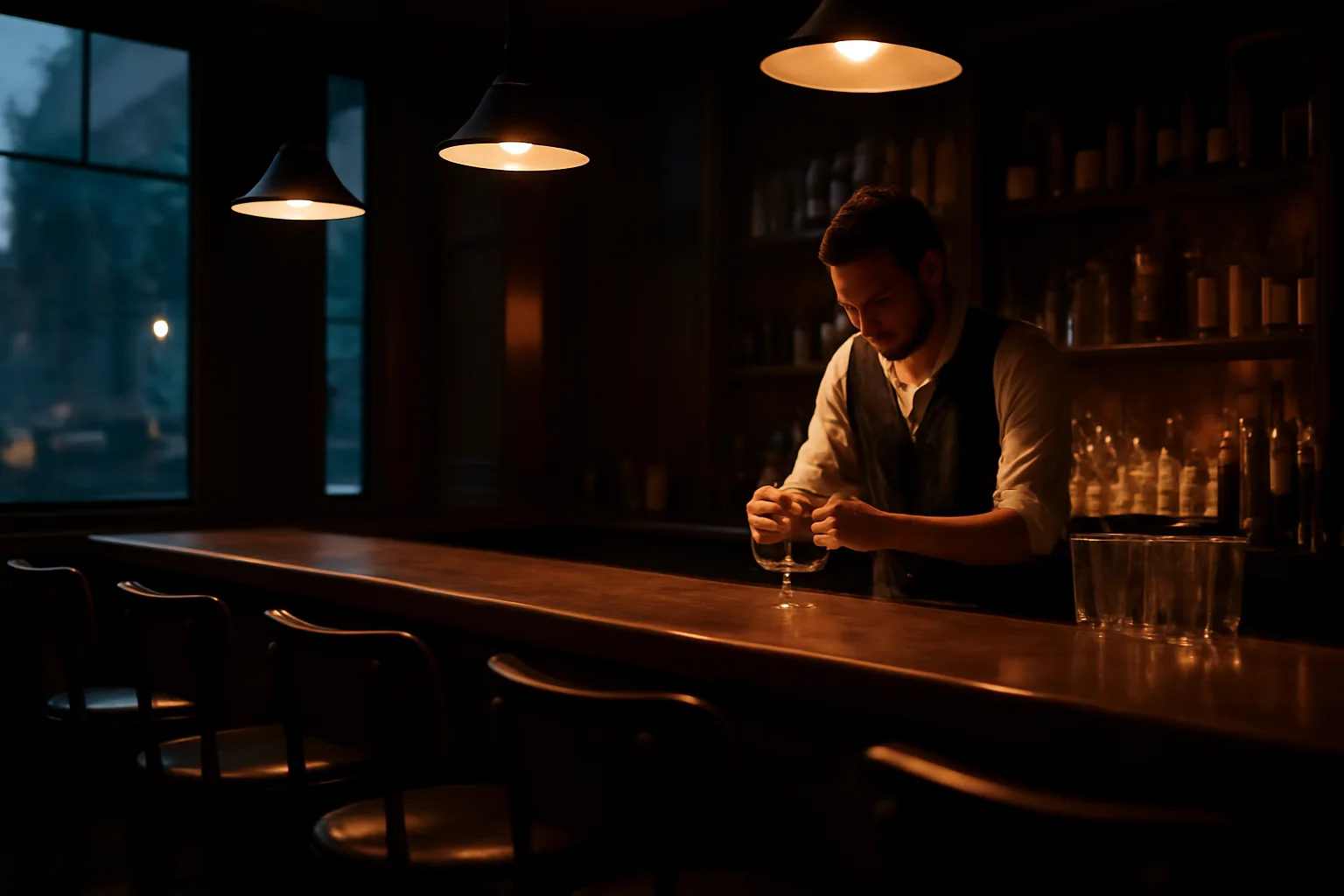 Empty bar interior at dusk with bartender polishing a glass, no signage visible