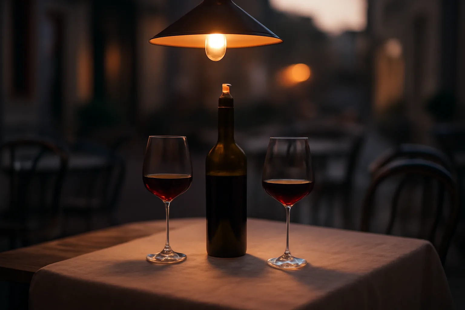 Wine bottle and glasses on a restaurant table, illustrating BYOB dining without a liquor license