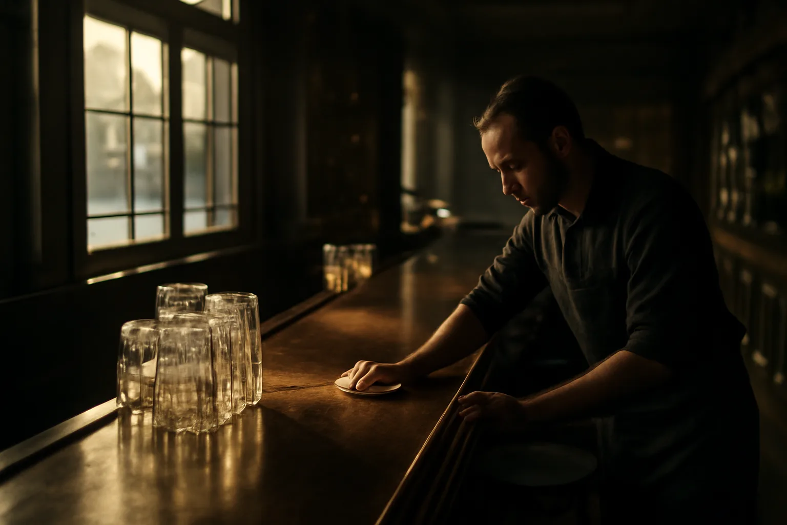 Empty bar interior with bartender preparing counter before opening
