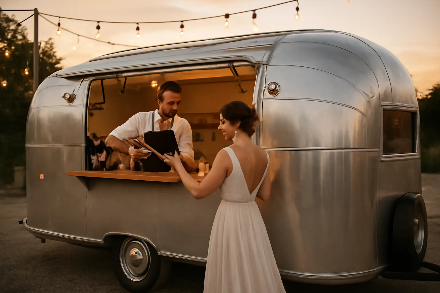 Mobile bar trailer serving drinks outdoors at an evening event