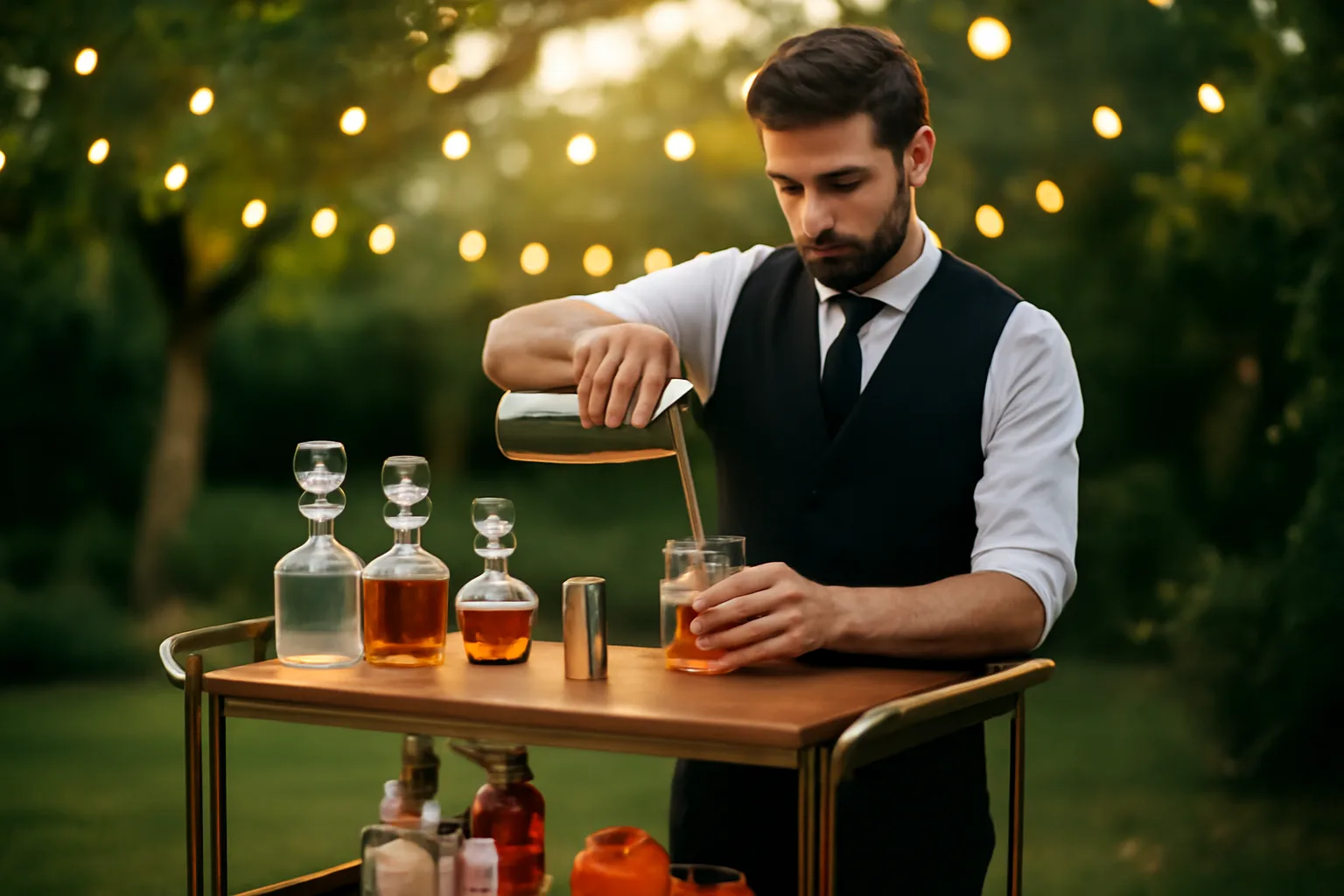 Bartender pouring a cocktail from a mobile bar cart at an outdoor evening event