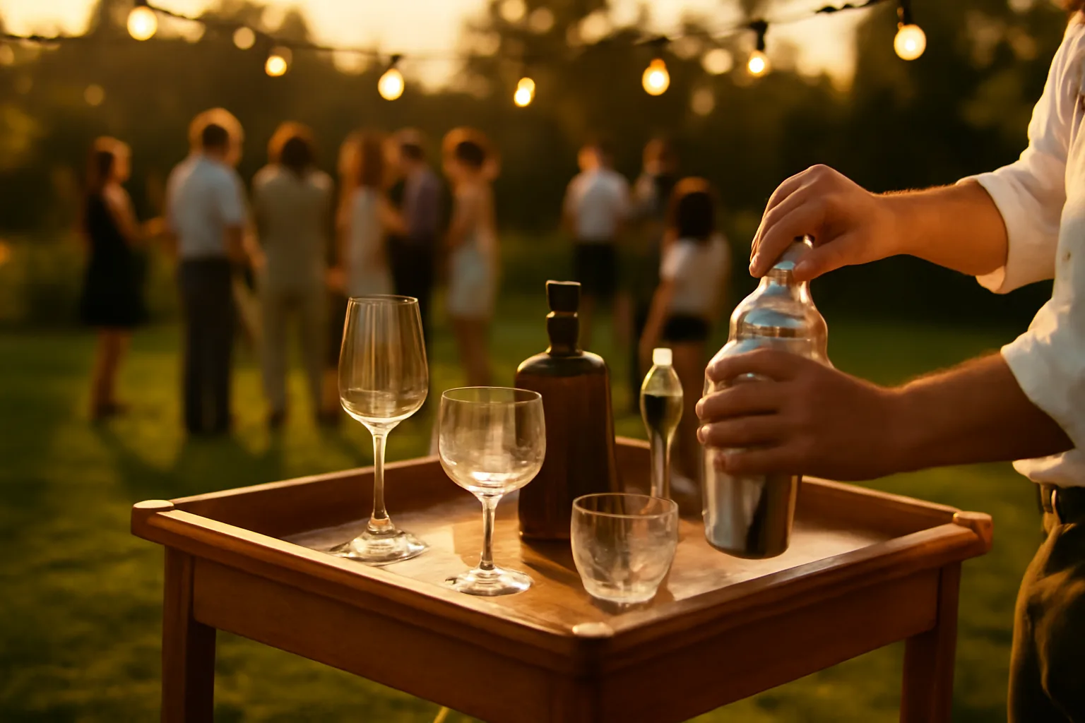 Bartender mixing a cocktail at an outdoor mobile bar cart during golden hour