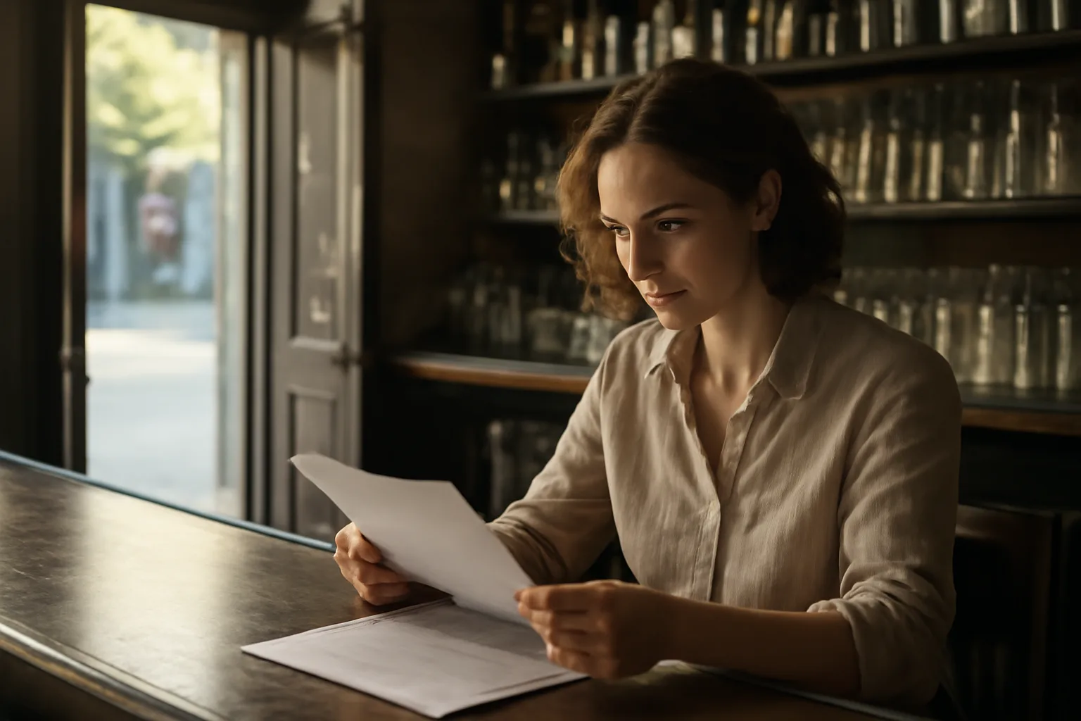 Bar owner reviewing documents at counter while planning a liquor license application